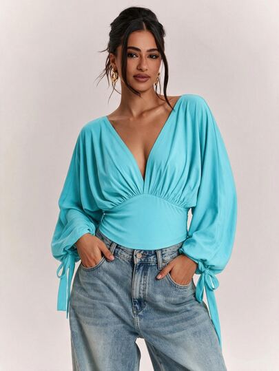 SHEIN BAE 女款性感粉藍綠色V領長袖上衣