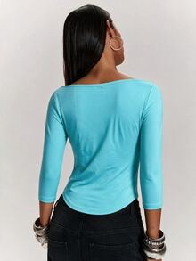 SHEIN BAE Women's Solid Color Boat Neck Slim Fit Casual 3/4 Sleeve T-Shirt Fall Clothes For Women ,Summer, Winter Clothes - Mint Blue - View 2