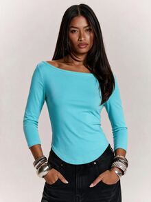 SHEIN BAE Women's Solid Color Boat Neck Slim Fit Casual 3/4 Sleeve T-Shirt Fall Clothes For Women ,Summer, Winter Clothes - Mint Blue - View 3