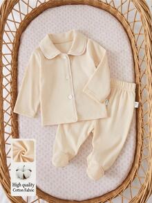 Spring/Autumn/Winter Newborn Home Wear Set, Cute Apricot Peter Pan Collar Cardigan Long Sleeve Top With Footed Pants, Soft And Comfortable, Best Gift For Newborns - Apricot - View 5
