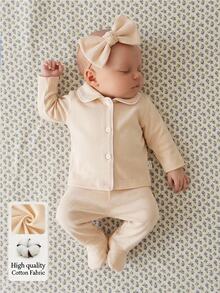 Spring/Autumn/Winter Newborn Home Wear Set, Cute Apricot Peter Pan Collar Cardigan Long Sleeve Top With Footed Pants, Soft And Comfortable, Best Gift For Newborns - Apricot - View 1