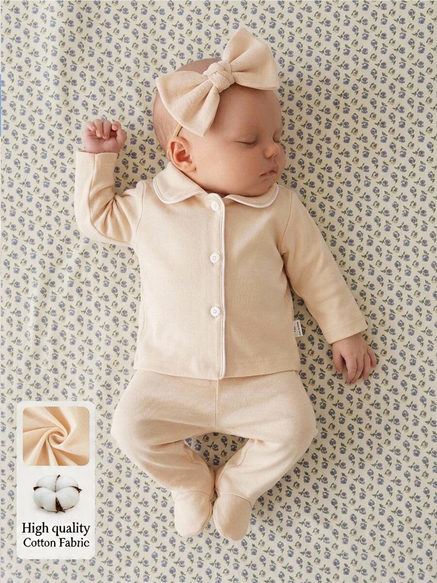 Spring/Autumn/Winter Newborn Home Wear Set, Cute Apricot Peter Pan Collar Cardigan Long Sleeve Top With Footed Pants, Soft And Comfortable, Best Gift For Newborns - Apricot - View 1