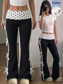 Tween女孩秋冬蝴蝶結波點印花側條紋長褲 - 彩色 - 查看 7