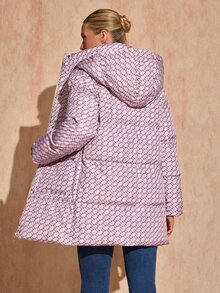 Bóhologie Women's Beige Monogram Print Oversized Quilted Puffer Jacket With Hood, Warm Winter Outerwear - Multicolor - View 3