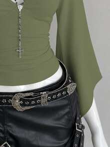 Bitrose Traceable Cotton Deep V-Neck Sexy Goth Mid-Length Sleeve Fitted T-Shirt Halloween Night Olive Green Autumn - Army Green - View 3
