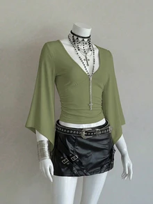 Bitrose Traceable Cotton Deep V-Neck Sexy Goth Mid-Length Sleeve Fitted T-Shirt Halloween Night Olive Green Autumn - Army Green - View 6
