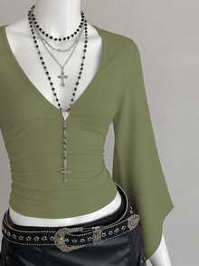 Bitrose Traceable Cotton Deep V-Neck Sexy Goth Mid-Length Sleeve Fitted T-Shirt Halloween Night Olive Green Autumn - Army Green - View 5
