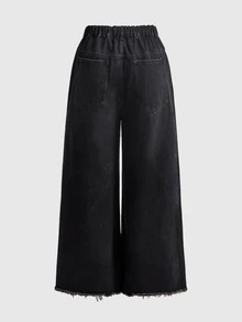 ROMWE Grunge Punk Dark Gothic Plus Size Women's Jeans Lace Mesh Patchwork Distressed Design Wide Leg Vintage Casual Long Pants - Black - View 2
