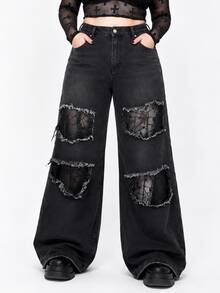 ROMWE Grunge Punk Dark Gothic Plus Size Women's Jeans Lace Mesh Patchwork Distressed Design Wide Leg Vintage Casual Long Pants - Black - View 5