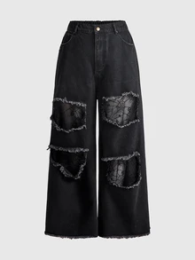 ROMWE Grunge Punk Dark Gothic Plus Size Women's Jeans Lace Mesh Patchwork Distressed Design Wide Leg Vintage Casual Long Pants - Black - View 1