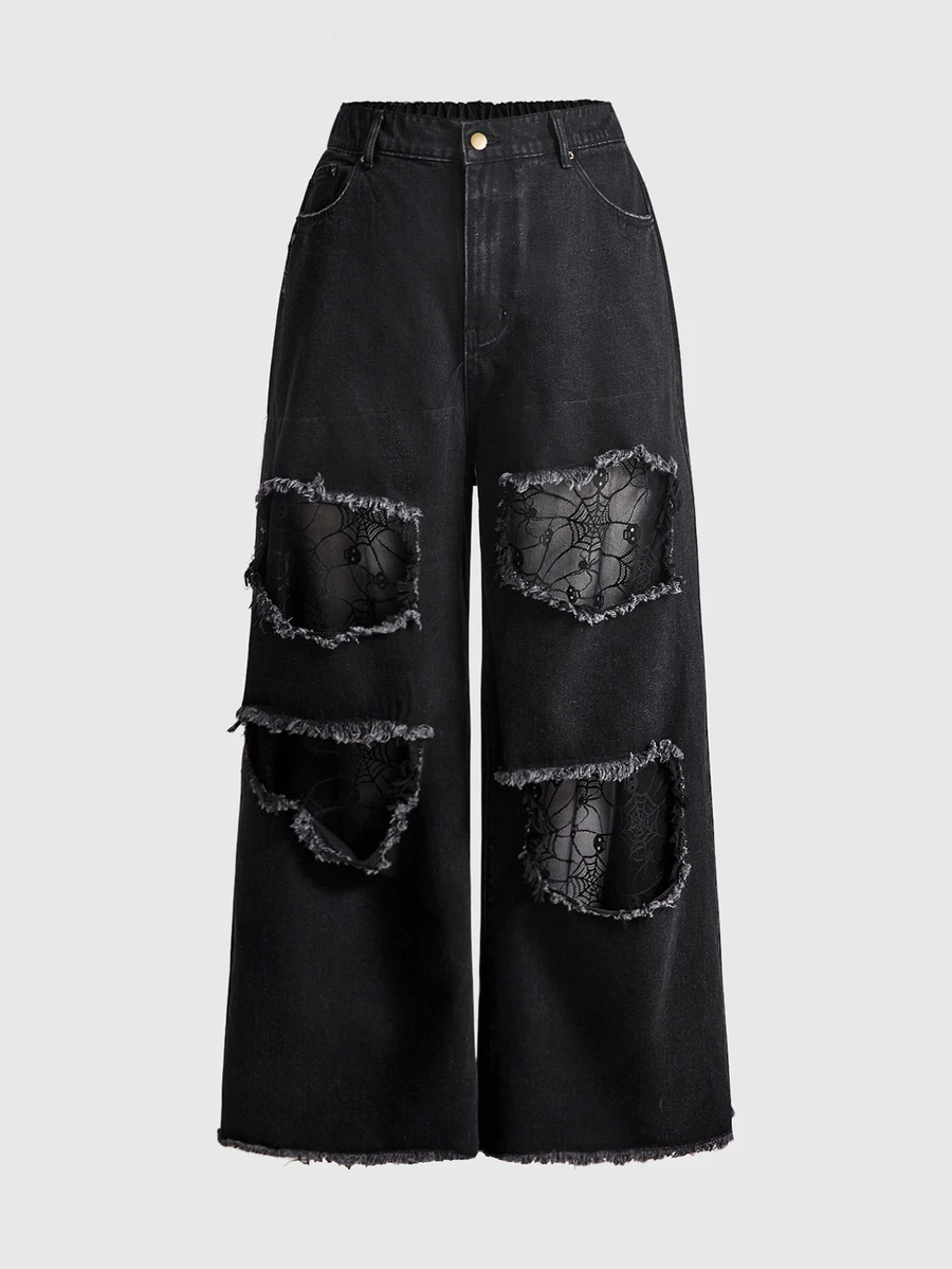ROMWE Grunge Punk Dark Gothic Plus Size Women's Jeans Lace Mesh Patchwork Distressed Design Wide Leg Vintage Casual Long Pants - Black - View 1