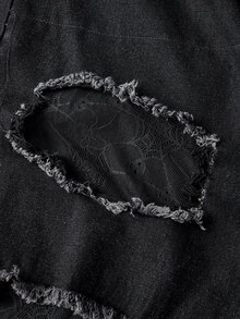 ROMWE Grunge Punk Dark Gothic Plus Size Women's Jeans Lace Mesh Patchwork Distressed Design Wide Leg Vintage Casual Long Pants - Black - View 4