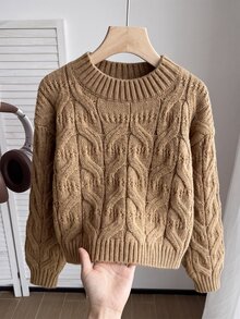 SHEIN Hoodie Pullover Leher Bulat Berlubang Sederhana Warna Polos untuk Anak Perempuan Remaja - Unta - View 2