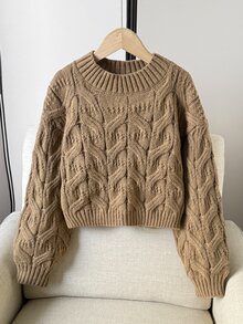 SHEIN Hoodie Pullover Leher Bulat Berlubang Sederhana Warna Polos untuk Anak Perempuan Remaja - Unta - View 7