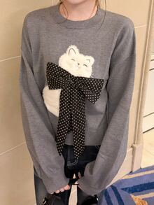 FRIFUL Women's Round Neck Long Sleeve Bow Cat Pattern Sweater - Grey - View 7