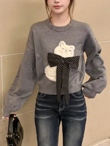 FRIFUL Women's Round Neck Long Sleeve Bow Cat Pattern Sweater - Grey - View 6