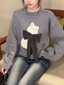 FRIFUL Women's Round Neck Long Sleeve Bow Cat Pattern Sweater - Grey - View 4