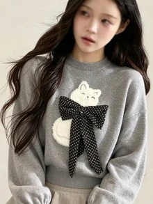 FRIFUL Women's Round Neck Long Sleeve Bow Cat Pattern Sweater - Grey - View 1