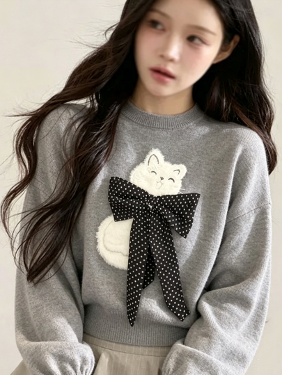 FRIFUL Women's Round Neck Long Sleeve Bow Cat Pattern Sweater