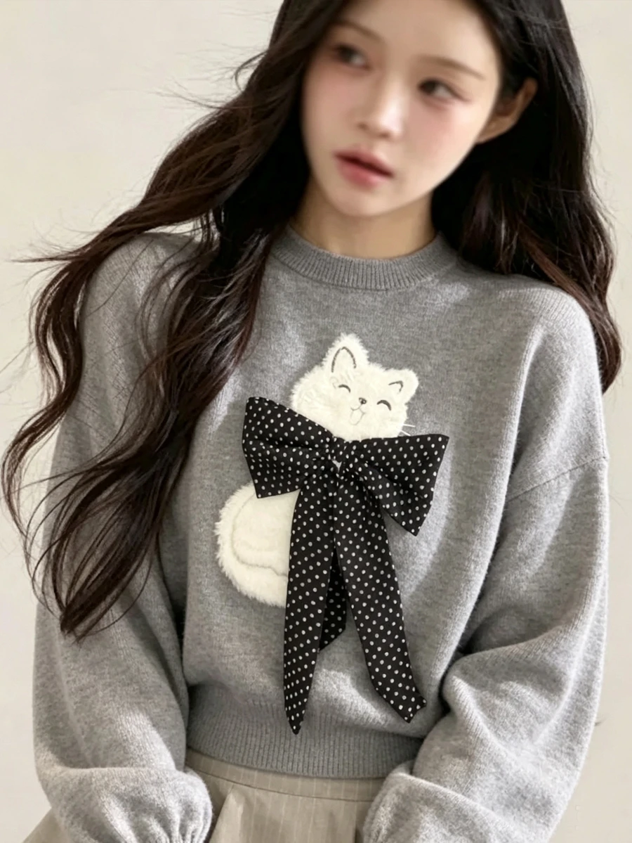 FRIFUL Women's Round Neck Long Sleeve Bow Cat Pattern Sweater - Grey - View 1