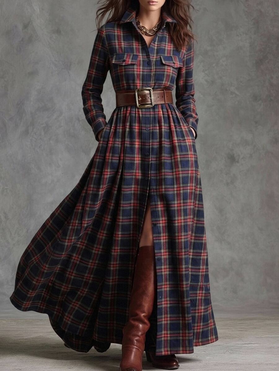 Solivie Women's Autumn Long Dress, Colorful Plaid, Suitable For Daily Office Wear