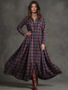 Solivie Gaun Panjang Musim Gugur Wanita, Motif Kotak-kotak Warna-warni, Cocok untuk Pakaian Kantor Sehari-hari - MultiWarna - View 5