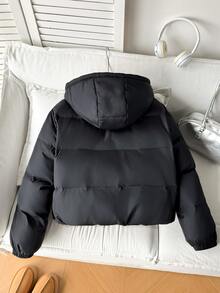 SHEIN 青少年女孩拉鍊連帽保暖羽絨冬外套 - 黑色 - 查看 5