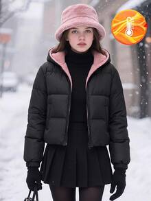 SHEIN 青少年女孩拉鍊連帽保暖羽絨冬外套 - 黑色 - 查看 6