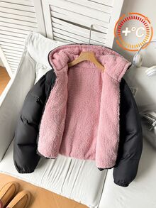 SHEIN 青少年女孩拉鍊連帽保暖羽絨冬外套 - 黑色 - 查看 4