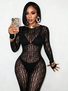 Zolique 时尚性感女式网眼紧身连衣裤 - 黑色 - 查看 4