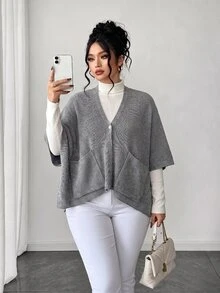 EMERY ROSE كارديجان نسائي مقاس كبير بياقة على شكل حرف V للخريف/الشتاء، رمادي فضفاض أنيق متعدد الاستخدامات بأكمام شال، مناسب للاستخدام اليومي والكاجوال وملابس الشارع والمناسبات الأخرى - رمادي - مشاهدة 4