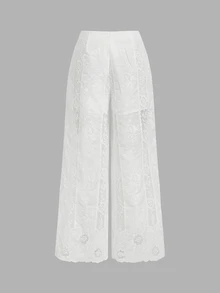 Skyraze White Flower Summer Euro Party Holiday White Lace Wide-Leg Pants,High Waist Drawstring Floral Embroidery Semi-Sheer Blend Relaxed Fit Trousers - White - View 8