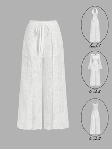 Skyraze White Flower Summer Euro Party Holiday White Lace Wide-Leg Pants,High Waist Drawstring Floral Embroidery Semi-Sheer Blend Relaxed Fit Trousers - White - View 2