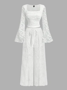 Skyraze White Flower Summer Euro Party Holiday White Lace Wide-Leg Pants,High Waist Drawstring Floral Embroidery Semi-Sheer Blend Relaxed Fit Trousers - White - View 5