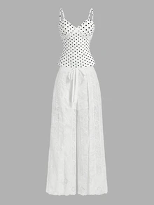 Skyraze White Flower Summer Euro Party Holiday White Lace Wide-Leg Pants,High Waist Drawstring Floral Embroidery Semi-Sheer Blend Relaxed Fit Trousers - White - View 6