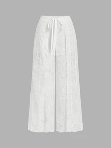 Skyraze White Flower Summer Euro Party Holiday White Lace Wide-Leg Pants,High Waist Drawstring Floral Embroidery Semi-Sheer Blend Relaxed Fit Trousers - White - View 7