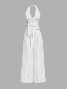 Skyraze White Flower Summer Euro Party Holiday White Lace Wide-Leg Pants,High Waist Drawstring Floral Embroidery Semi-Sheer Blend Relaxed Fit Trousers - White - View 4