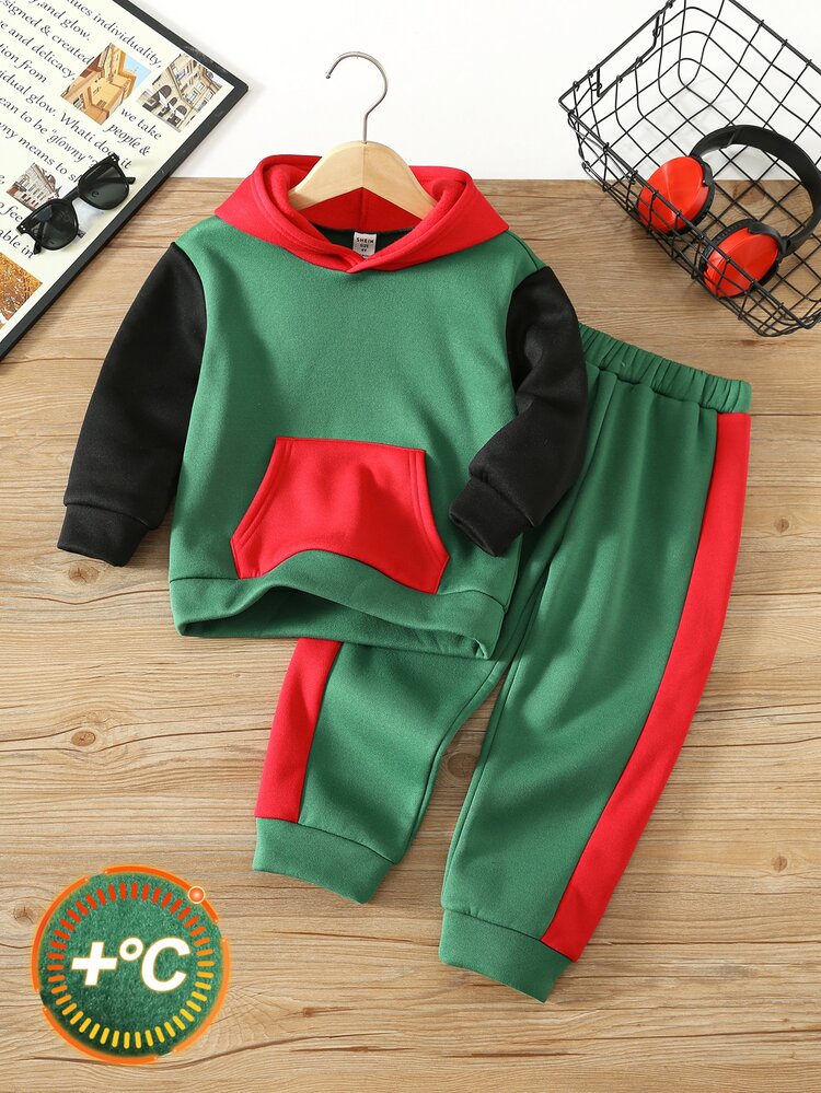 SHEIN Kids 2pcs/Set Young Boy Contrast Color Knit Soft Pullover Hooded Sweatshirt And Pants,First Day Of School,Kids Wedding Guest,Glamorique Kids - Multicolor - View 5