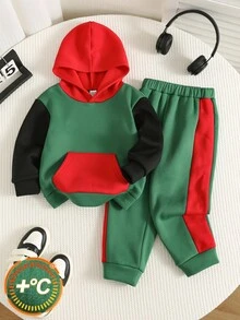 SHEIN 兒童 2件組小男孩對比色針織柔軟套頭連帽衛衣與長褲，開學首日穿搭，兒童婚禮賓客裝，Glamorique Kids - 彩色 - 查看 5