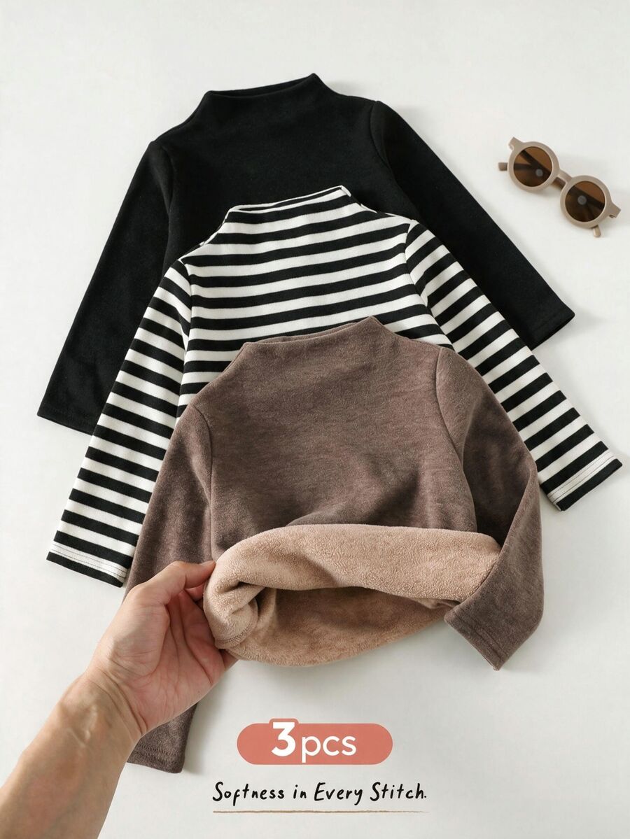 SHEIN Kids Young Boy Solid Color Striped Knit Soft Round Neck Long Sleeve - Neck Top 3pcs -Piece Set - Multicolor - View 1