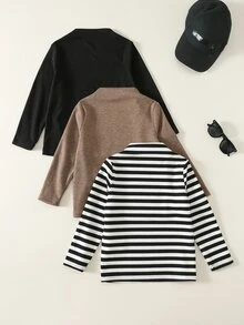 SHEIN 兒童小男孩純色條紋針織軟綿圓領長袖上衣 3件組 - 彩色 - 查看 5