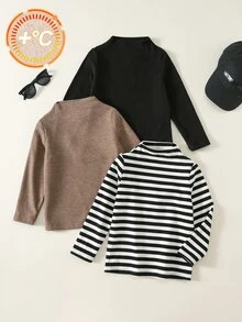 SHEIN 兒童小男孩純色條紋針織軟綿圓領長袖上衣 3件組 - 彩色 - 查看 4