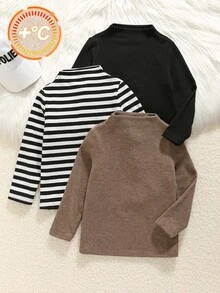 SHEIN 兒童小男孩純色條紋針織軟綿圓領長袖上衣 3件組 - 彩色 - 查看 2