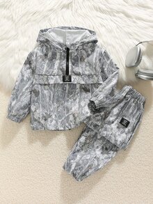 SHEIN 2件組兒童小男孩休閒日常百搭舒適拼接連帽半拉鍊套頭寬鬆長袖外套與寬鬆慢跑長褲梭織套裝，適合學校、花園、海灘、生日，秋冬穿著 - 彩色 - 查看 3