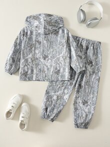 SHEIN 2件組兒童小男孩休閒日常百搭舒適拼接連帽半拉鍊套頭寬鬆長袖外套與寬鬆慢跑長褲梭織套裝，適合學校、花園、海灘、生日，秋冬穿著 - 彩色 - 查看 5