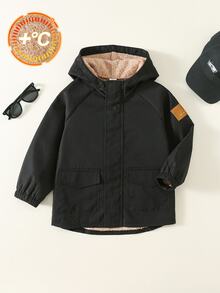 SHEIN 小男孩休閒黑色冬季外套，厚絨中長版連帽秋季款，生日男孩，兒童婚禮賓客，開學第一天 - 黑色 - 查看 3