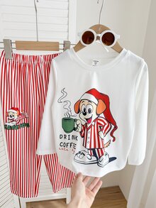 SHEIN 兒童小男孩卡通塗鴉酷圖案圓領長袖套頭T恤與紅白條紋長褲睡衣套裝，柔軟舒適休閒居家睡衣2件組，適合聖誕節 - 紅白色 - 查看 6