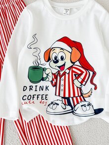 SHEIN 兒童小男孩卡通塗鴉酷圖案圓領長袖套頭T恤與紅白條紋長褲睡衣套裝，柔軟舒適休閒居家睡衣2件組，適合聖誕節 - 紅白色 - 查看 4