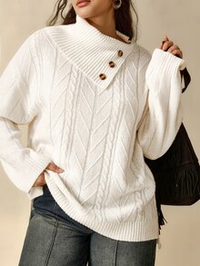 Nubod Sweater Rajut Pullover Kancing Kerah Asimetris Wanita Ukuran Besar untuk Musim Dingin - Krem - View 9