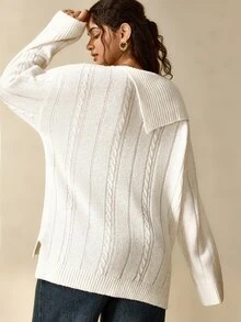 Nubod Sweater Rajut Pullover Kancing Kerah Asimetris Wanita Ukuran Besar untuk Musim Dingin - Krem - View 2